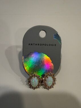 Anthropologie Gold Opal-Effect Oval Halo Stud Earrings